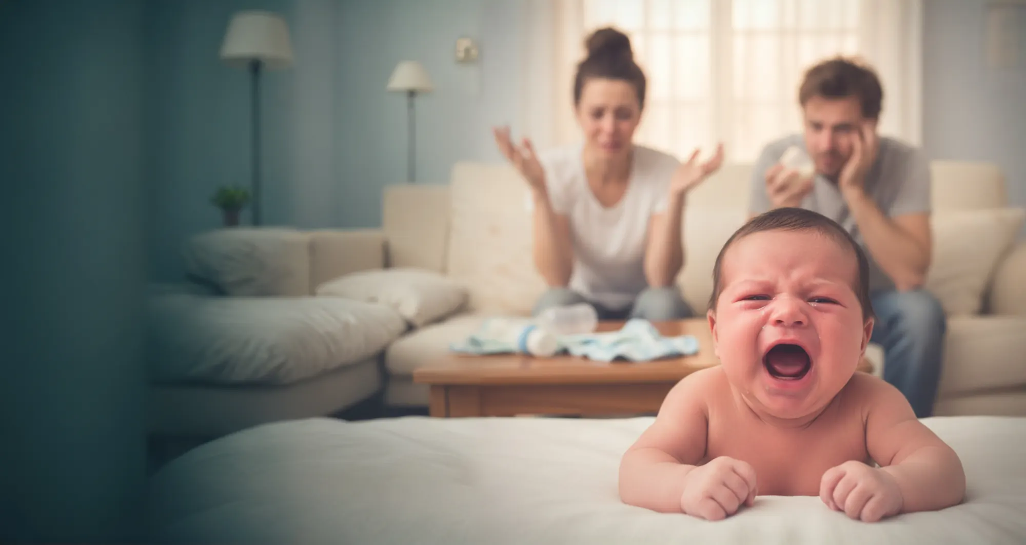Erschöpfte Eltern mit schreiendem Baby: Unterstützung bei Schreibaby und Regulationsstörung